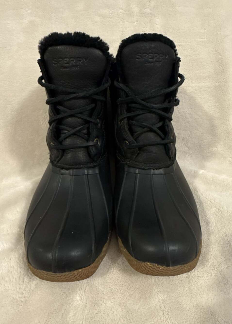 Sperry Saltwater Winter Luxe Duck Boots Size 7M Black Quilted Leather